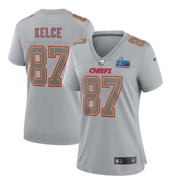 Women's Kansas City Chiefs #87 Travis Kelce Gray Super Bowl LVII Patch Atmosphere Fashion Stitched Game Jersey(Run Small)
